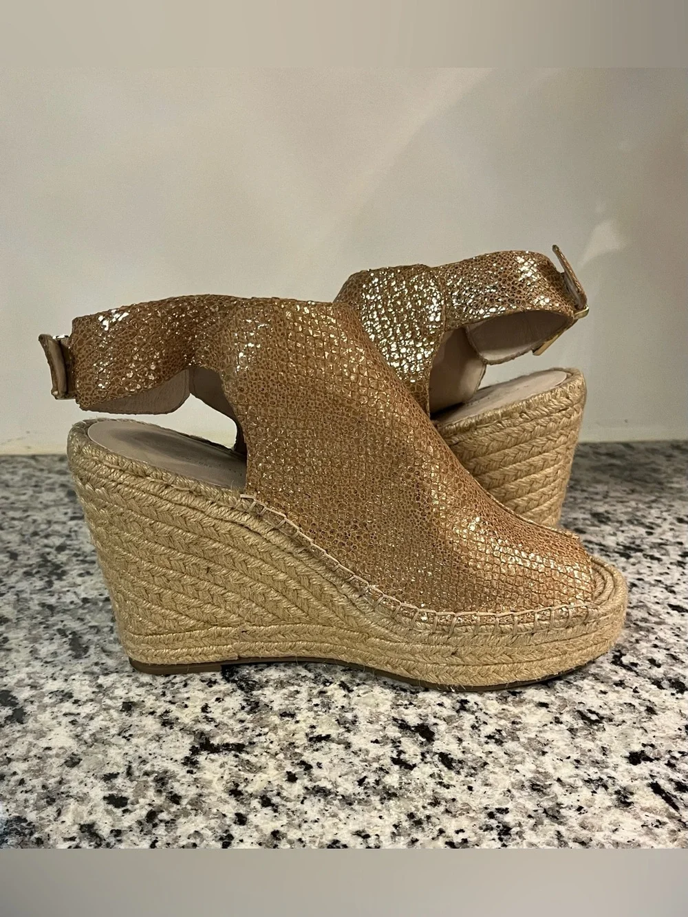 Kenneth Cole Odette Gold Shimmer Wedge Espadrille Sandal